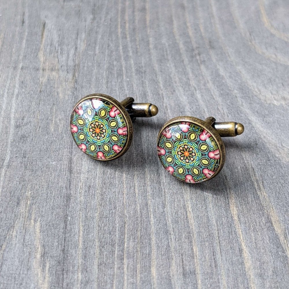 Glass Dome Cuff Links with Green Kaleidoscope Pattern, Antiqued-Bronze Plated